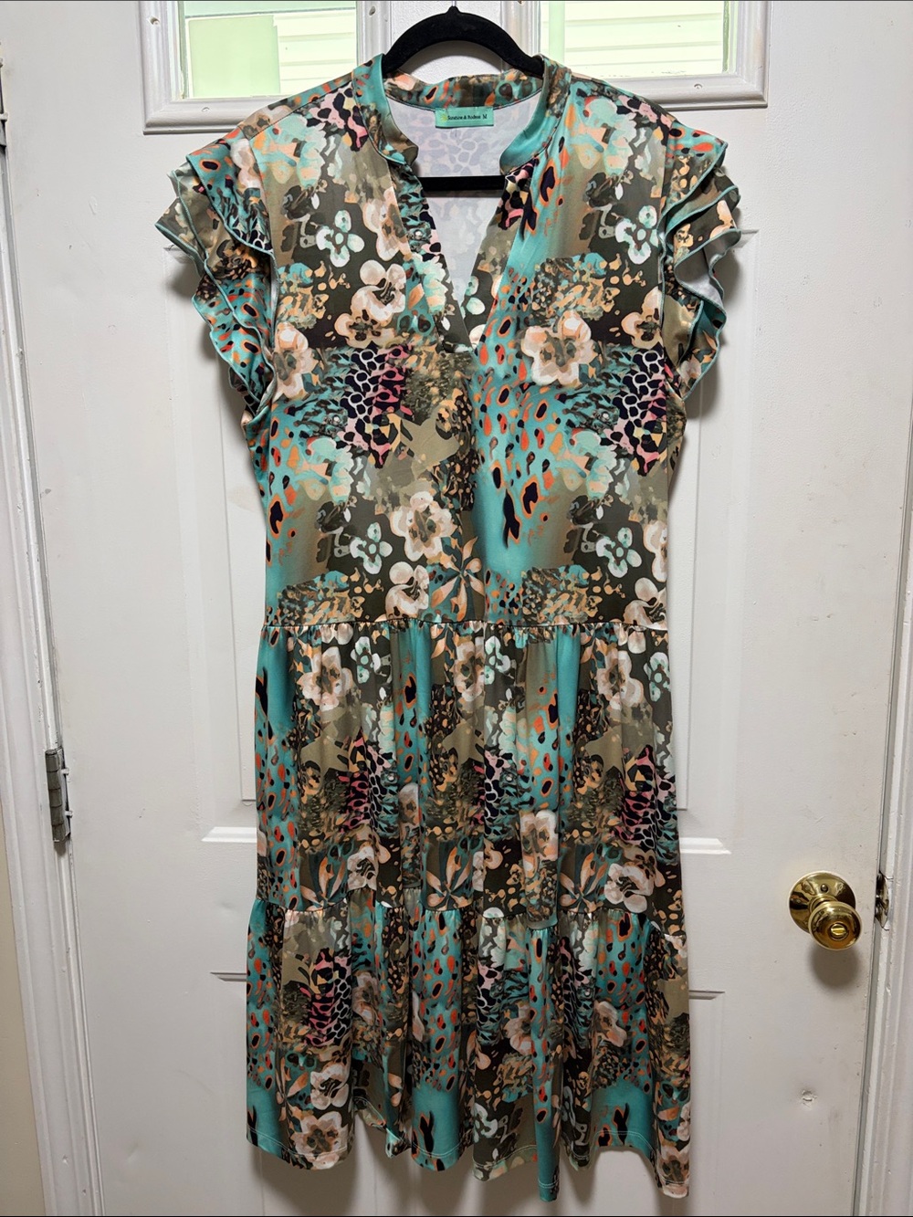Mint Floral Tiered Midi Dress with Ruffle Sleeves